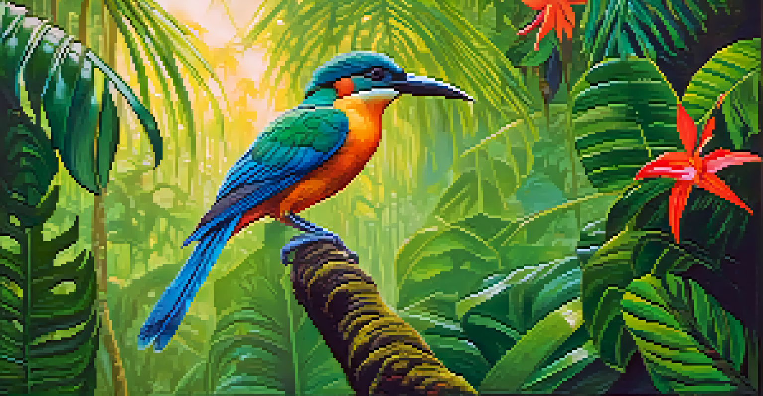 A close-up of a rare bird perched in a jungle, surrounded by vivid green leaves and colorful flowers, with sunlight filtering through the trees.