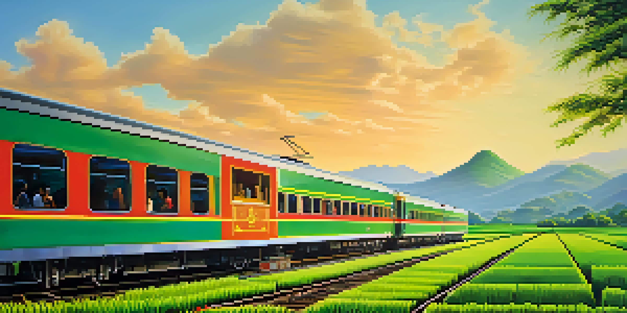 A colorful train traveling through vibrant green rice paddies and mountains in Thailand, with passengers visible inside.