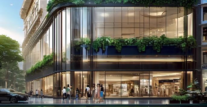 A luxurious shopping mall filled with shoppers exploring high-end boutiques under soft ambient lighting.