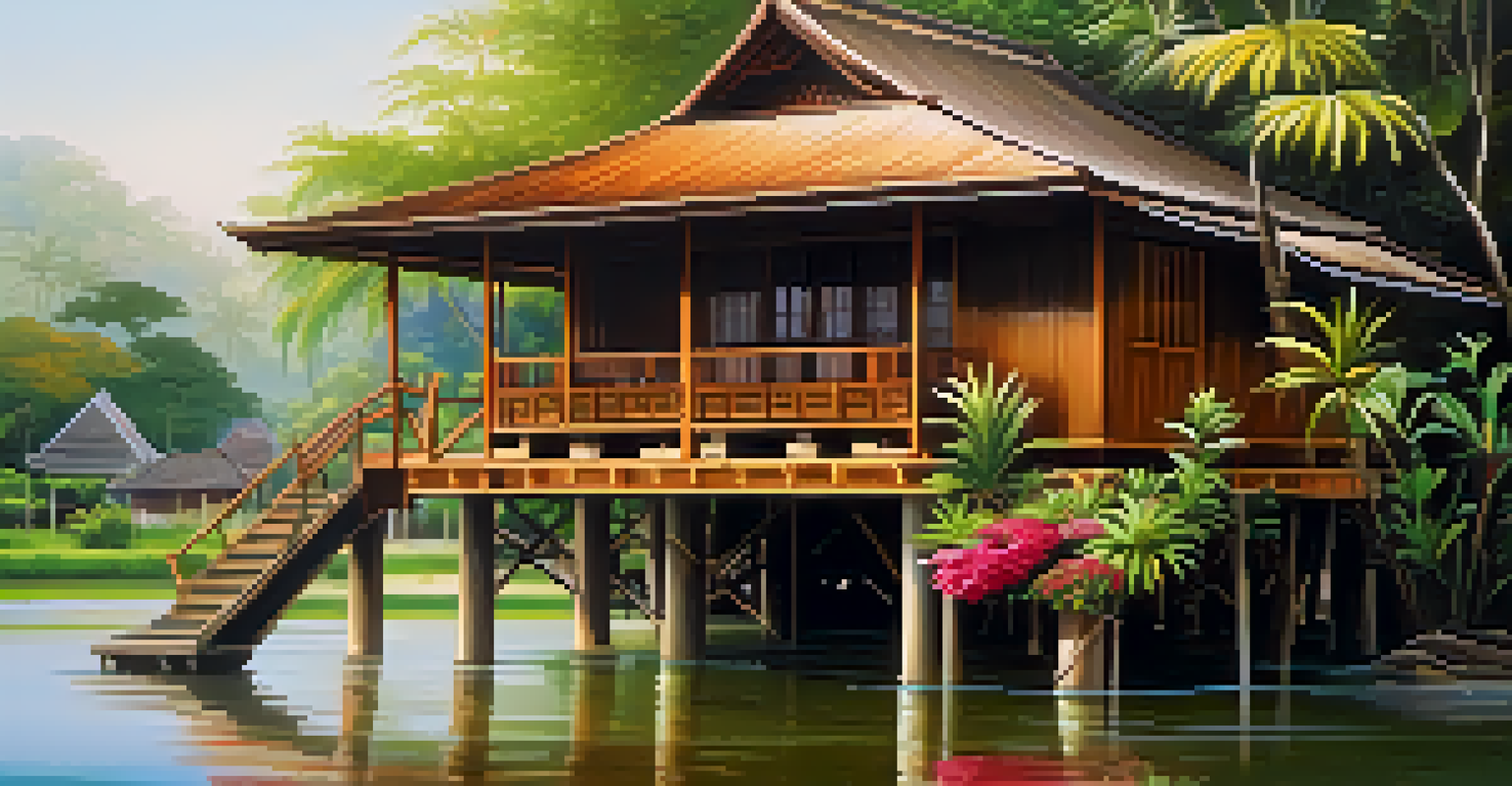 A traditional Thai house on stilts made of wood, surrounded by a lush garden and a river, illuminated by soft sunlight.