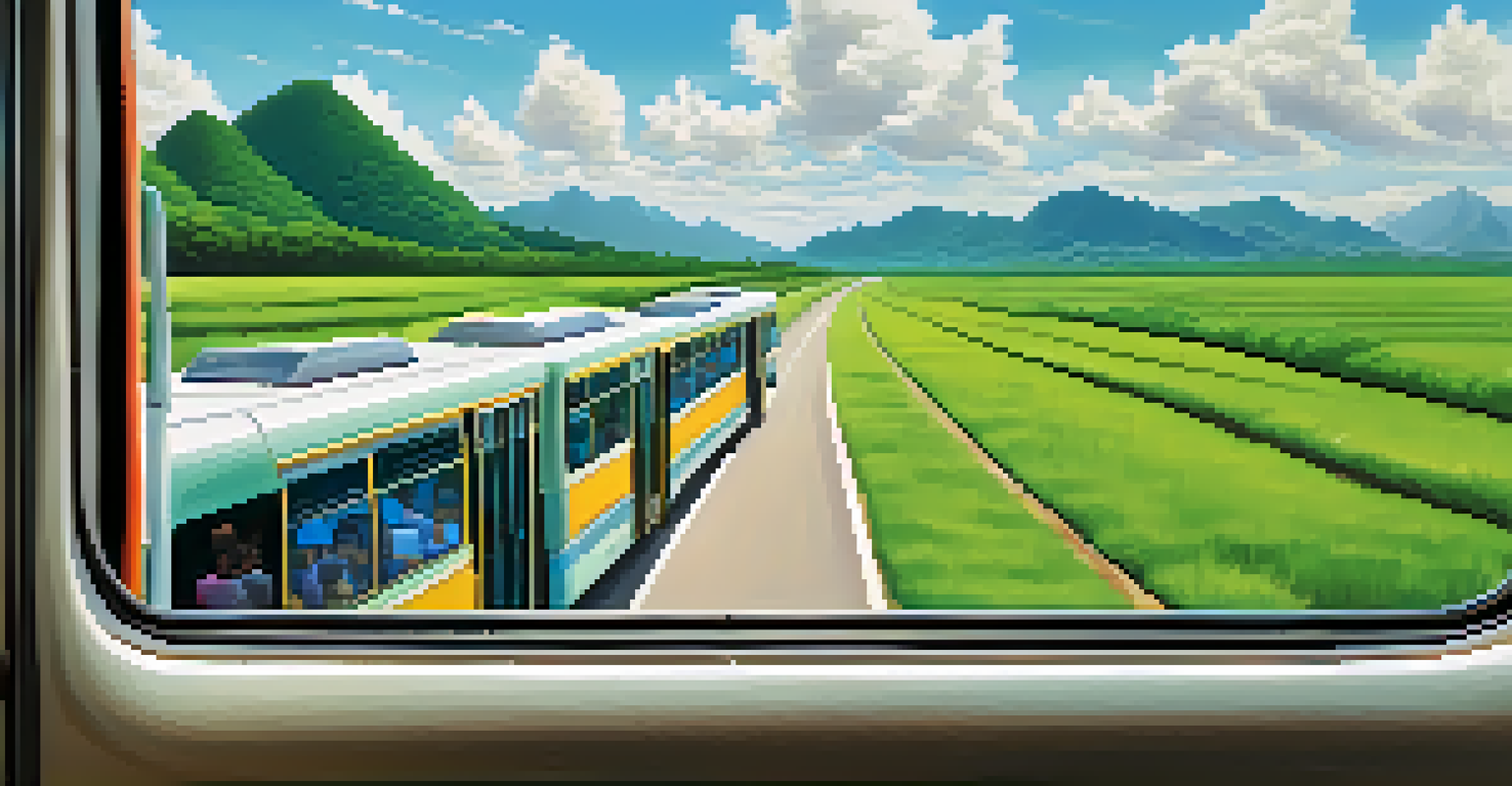 A scenic view from a bus window showing Thailand's countryside with green fields and mountains.