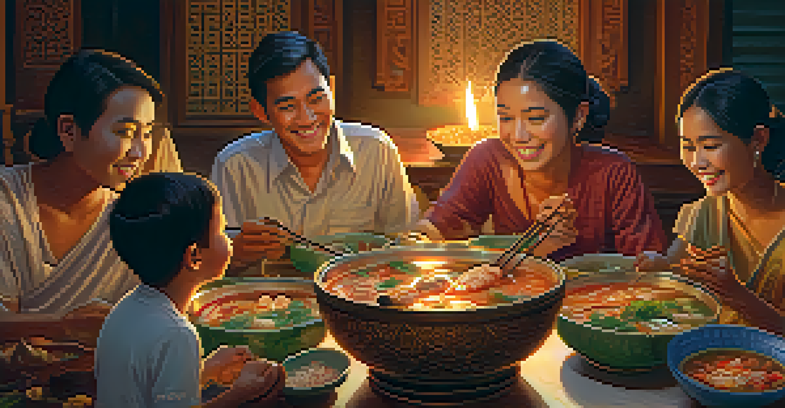 A family gathered around a table enjoying Tom Yum Goong soup, creating a warm and inviting atmosphere.