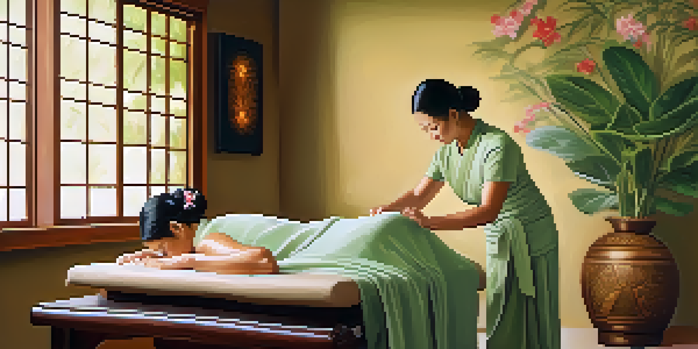 A Thai massage scene with a practitioner working on a relaxed client in a peaceful, well-decorated room filled with soft lighting and traditional decor.
