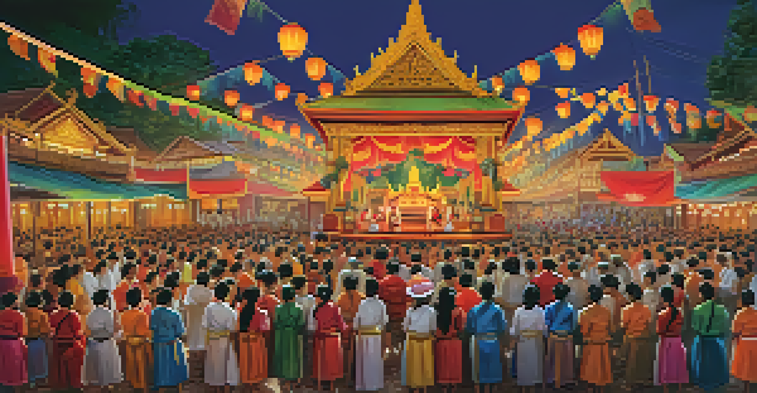 Performers in traditional Thai costumes telling stories at a vibrant festival, with colorful decorations and an engaged audience.