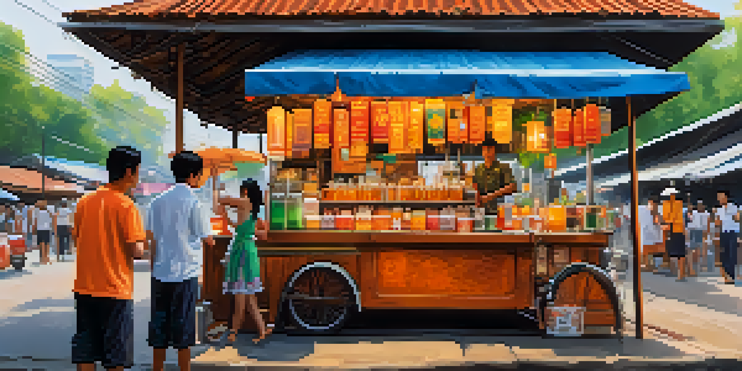 A bustling market stall in Central Thailand selling classic Thai iced tea, with a vendor pouring the drink into a glass surrounded by colorful banners and tropical plants.
