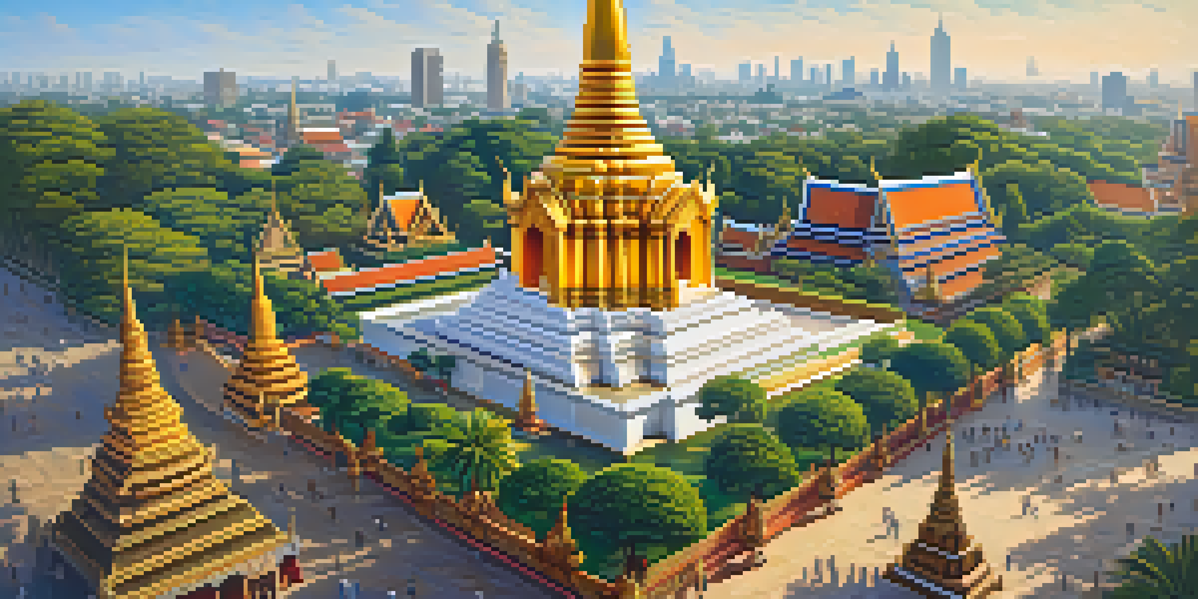 A detailed view of Wat Phra Kaew with its golden stupa and surrounding sculptures under a blue sky.