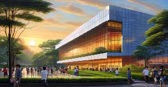 A vibrant exterior view of the Bangkok Art and Culture Centre with modern architecture, reflecting the sunset colors, and people entering the building.