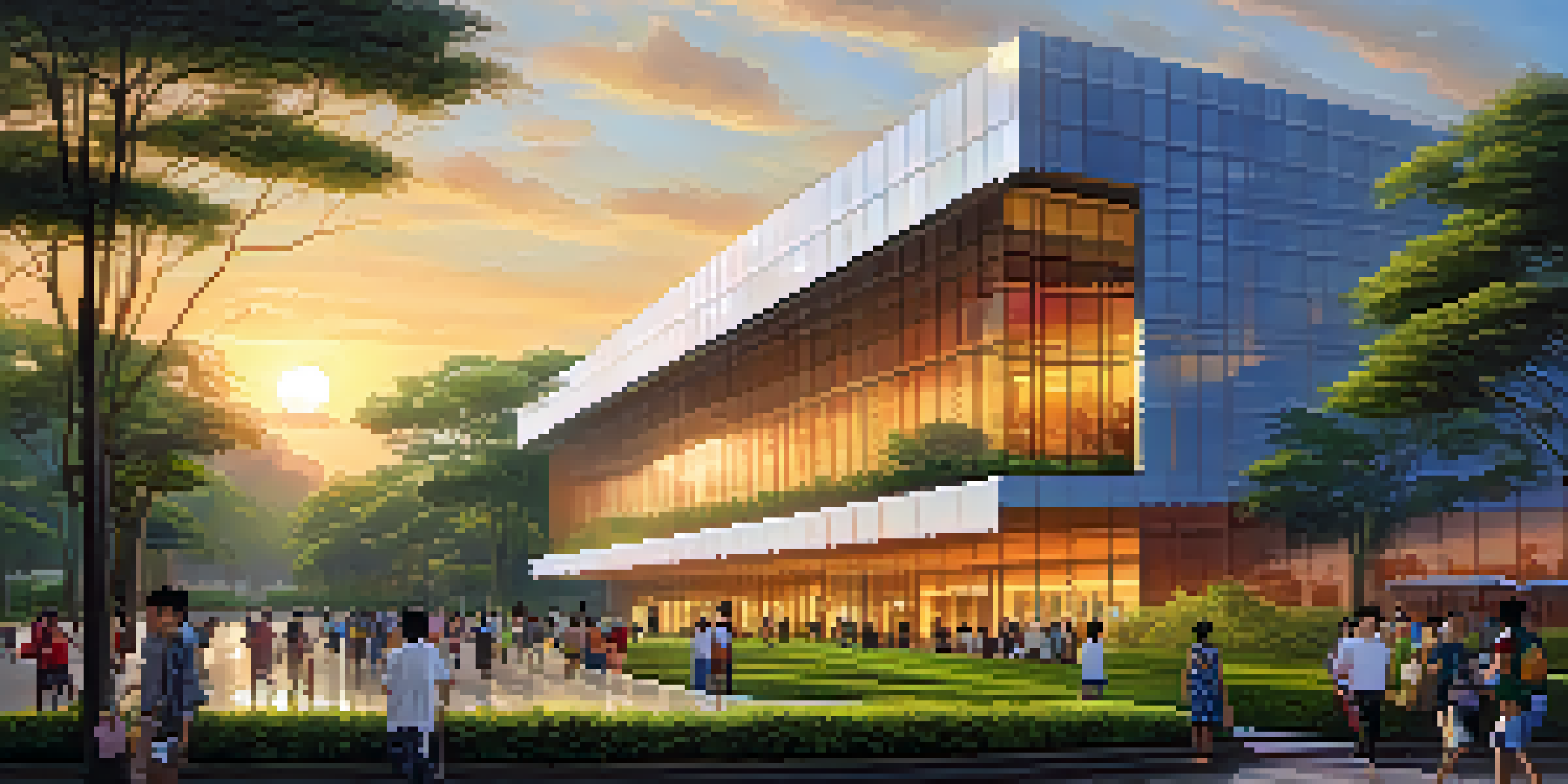 A vibrant exterior view of the Bangkok Art and Culture Centre with modern architecture, reflecting the sunset colors, and people entering the building.