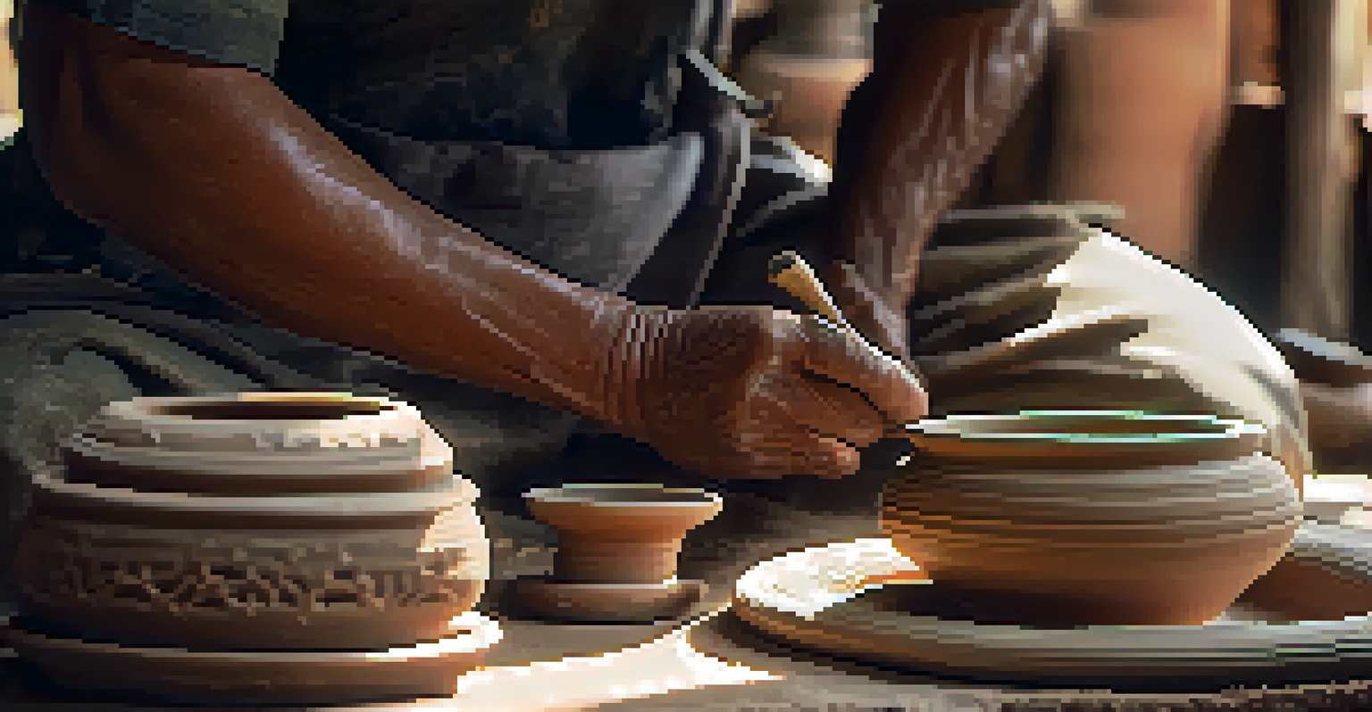 An artisan's hands working on pottery in a workshop, showcasing the texture of clay and intricate designs, with natural light illuminating the space.