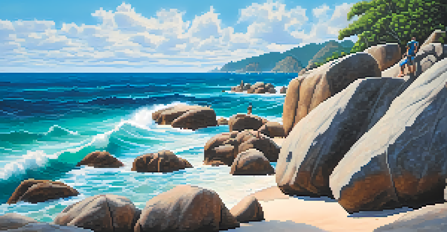 Climbers bouldering on granite rocks by the sea in Koh Tao, with waves crashing in the background.