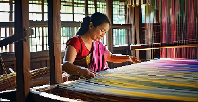 A skilled Thai woman weaving colorful silk on a traditional wooden loom, with detailed patterns visible in the fabric.