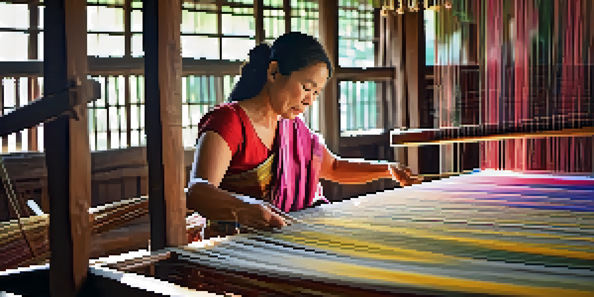 A skilled Thai woman weaving colorful silk on a traditional wooden loom, with detailed patterns visible in the fabric.