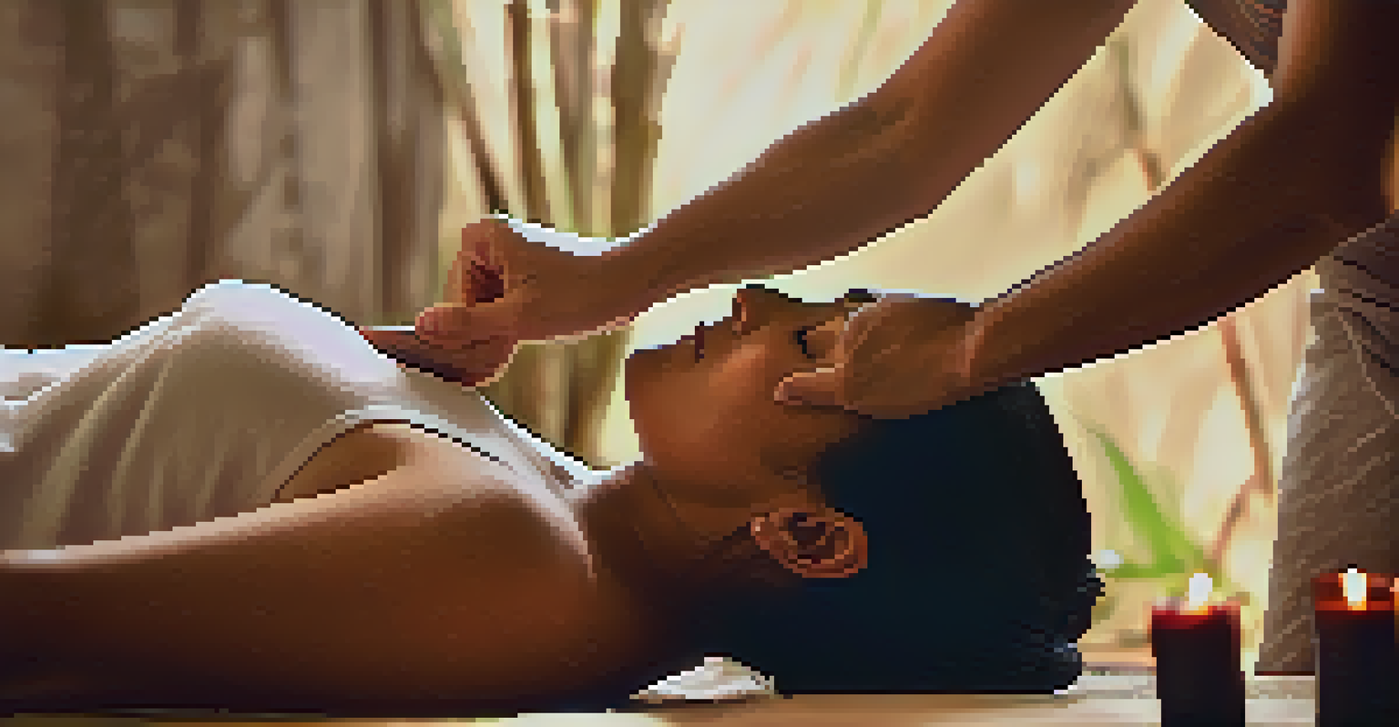 A close-up of a client practicing mindful breathing with a practitioner during a Thai massage, surrounded by calming elements like candles.