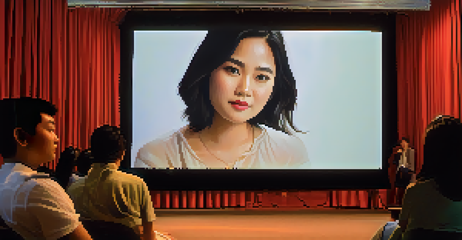 A young Thai female filmmaker presenting her debut film at a festival, with a projector screen displaying her film and an engaged audience.
