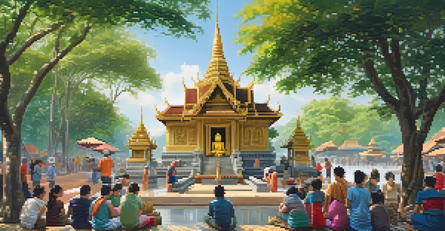A peaceful temple scene during the Songkran Festival, with people pouring water over a Buddha statue in a serene environment.
