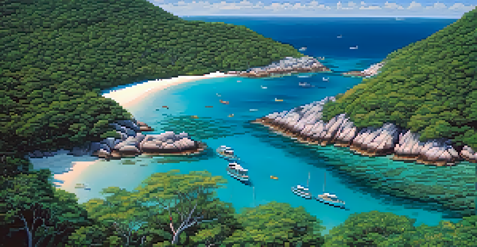 An aerial perspective of the Similan Islands showing turquoise waters and vibrant coral reefs below the surface.