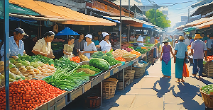 A lively Thai market filled with fresh herbs, spices, and vegetables, with vendors interacting with tourists under a clear blue sky.