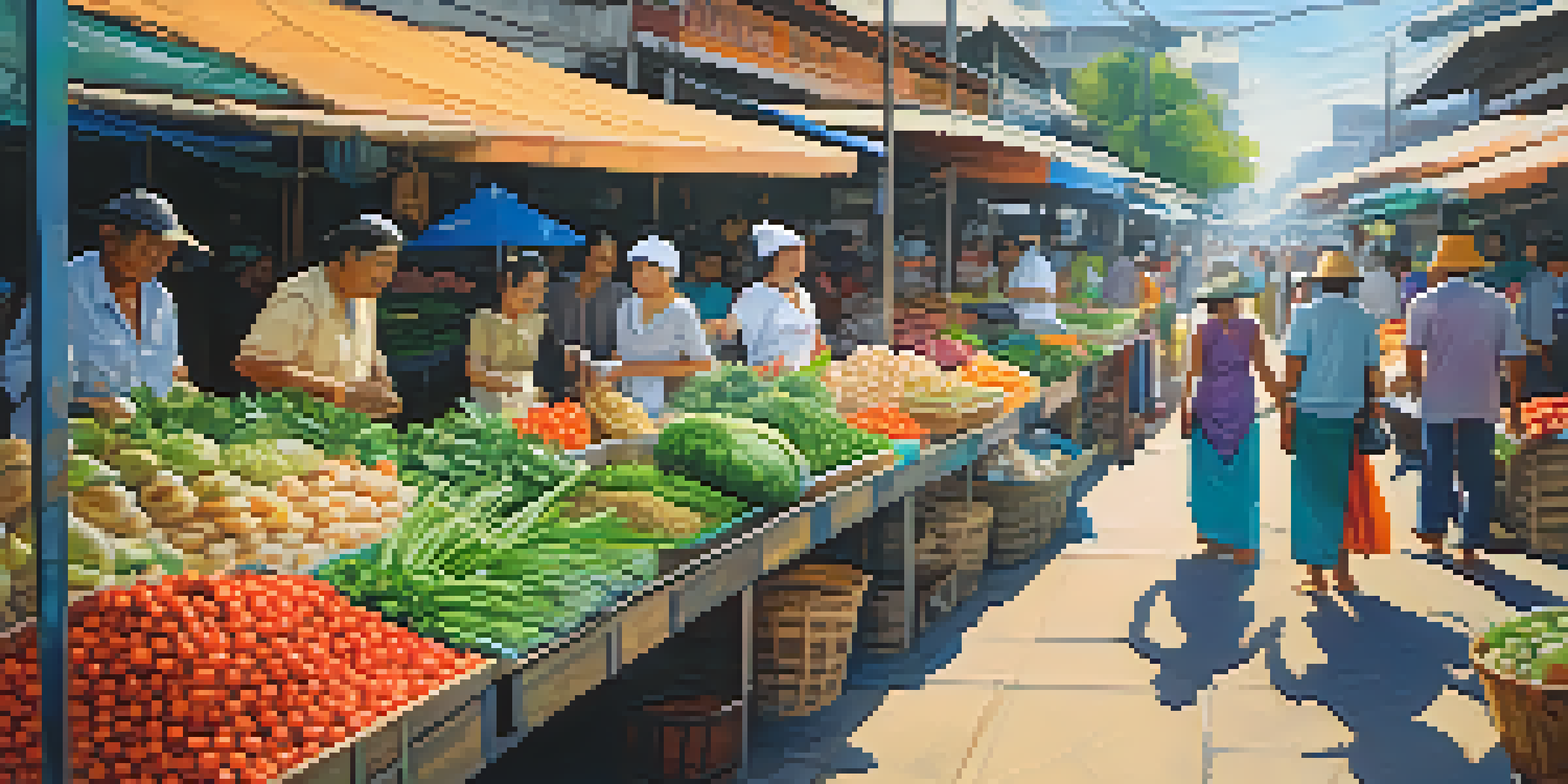 A lively Thai market filled with fresh herbs, spices, and vegetables, with vendors interacting with tourists under a clear blue sky.