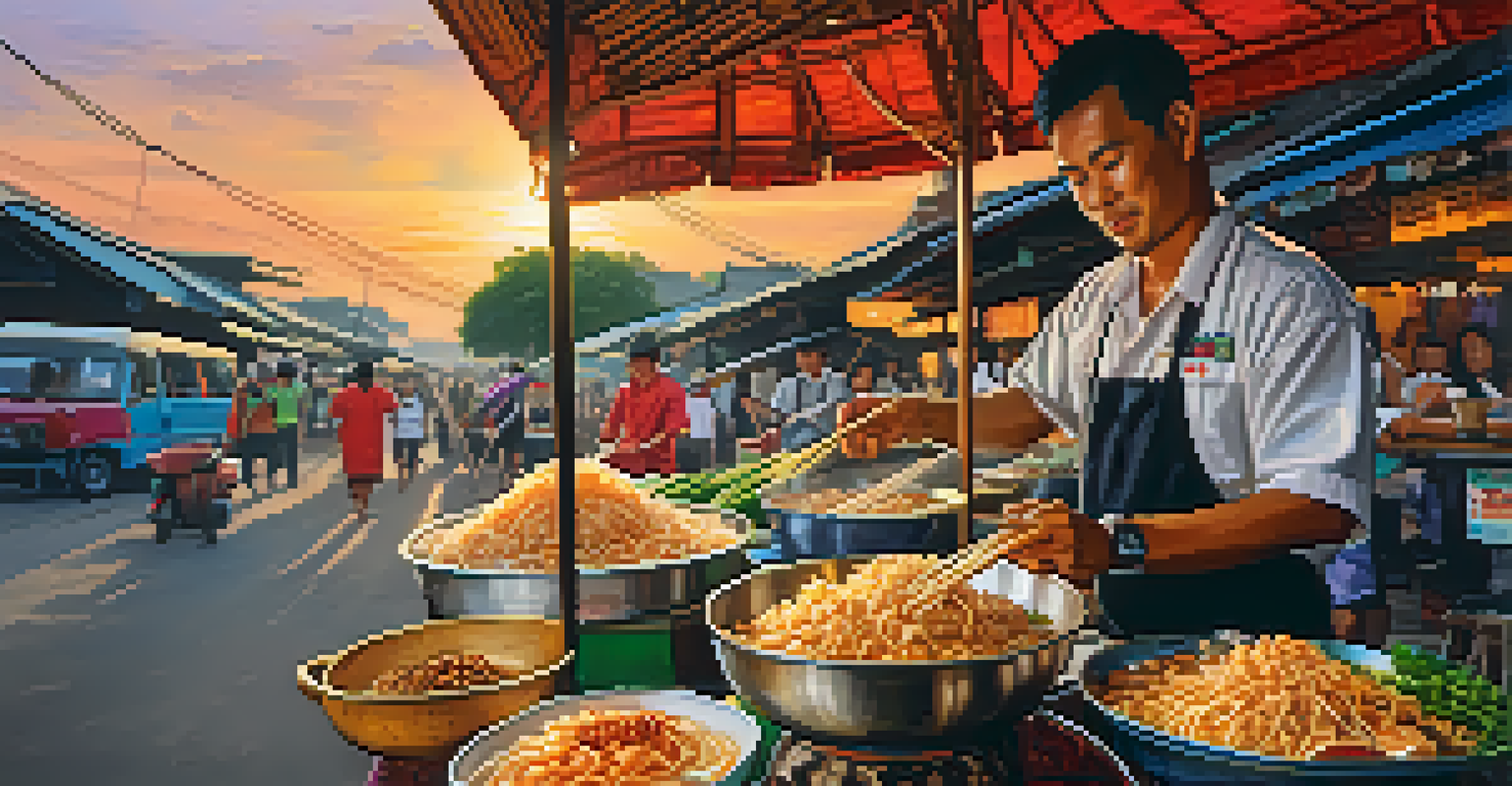 A street food vendor cooking Pad Thai in Thailand, surrounded by fresh ingredients and vibrant market stalls.