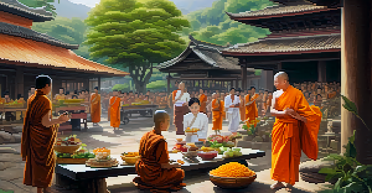 A person giving food and flowers to a monk in a peaceful village setting.