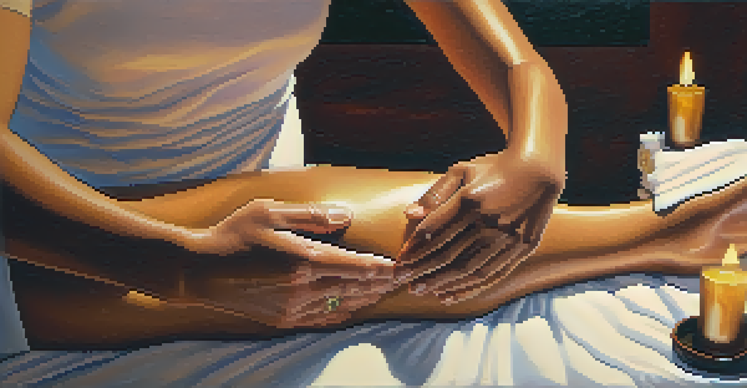 Close-up of a therapist applying pressure to a client's foot during a Thai massage.