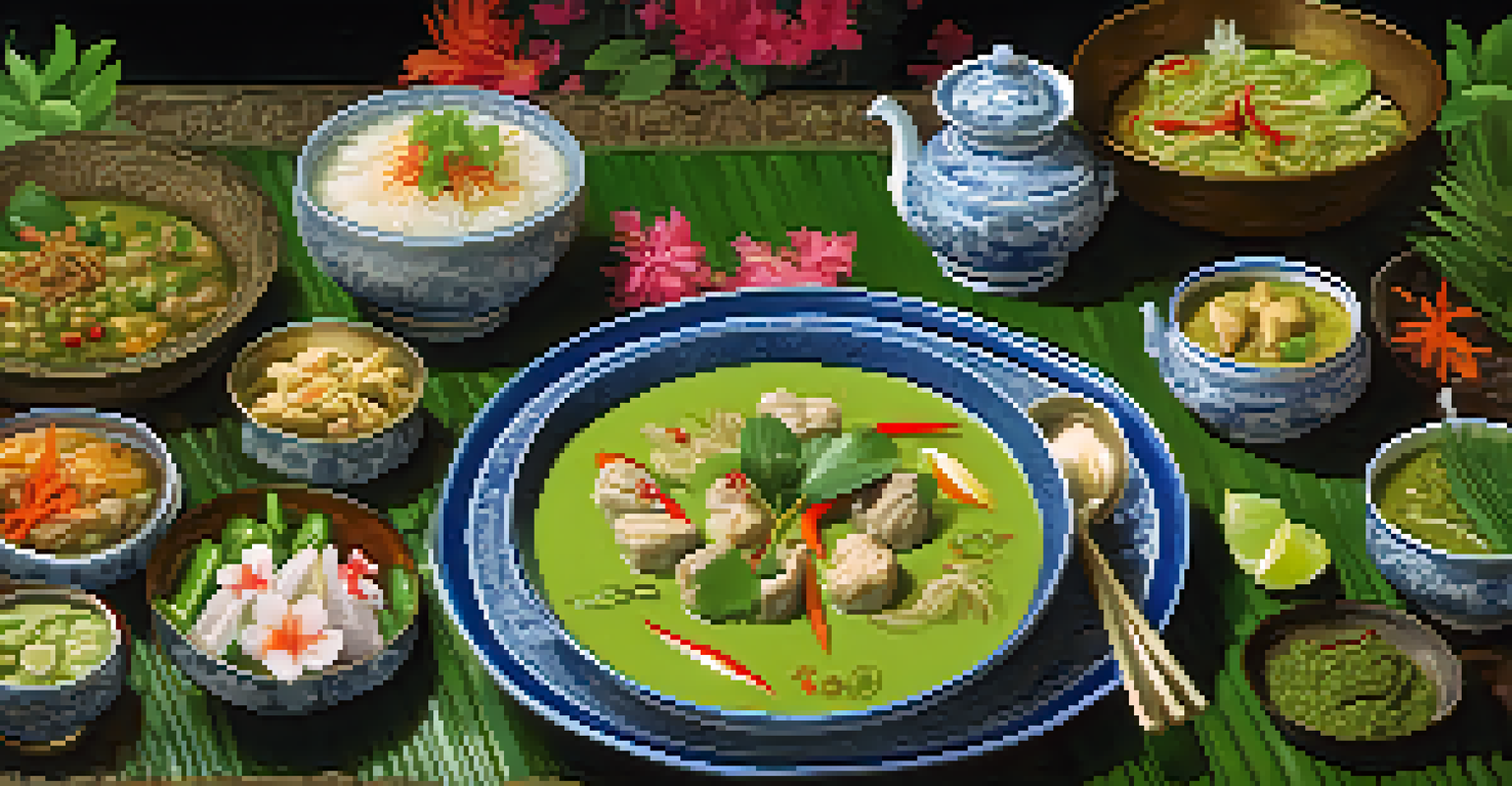 An elegantly presented traditional Thai family meal featuring green curry and side dishes, set in a warm atmosphere.