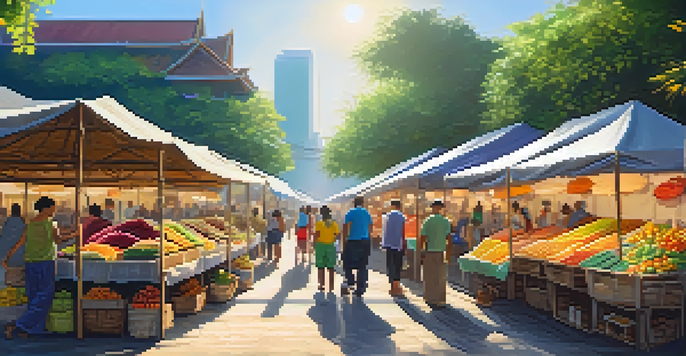 A bustling outdoor market in Thailand with stalls selling organic fruits and handmade crafts, illuminated by warm sunlight.