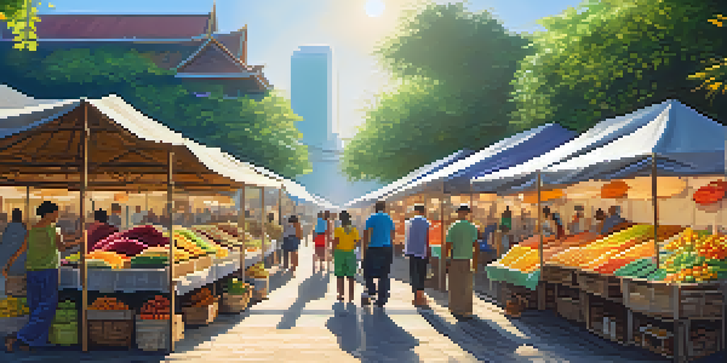 A bustling outdoor market in Thailand with stalls selling organic fruits and handmade crafts, illuminated by warm sunlight.