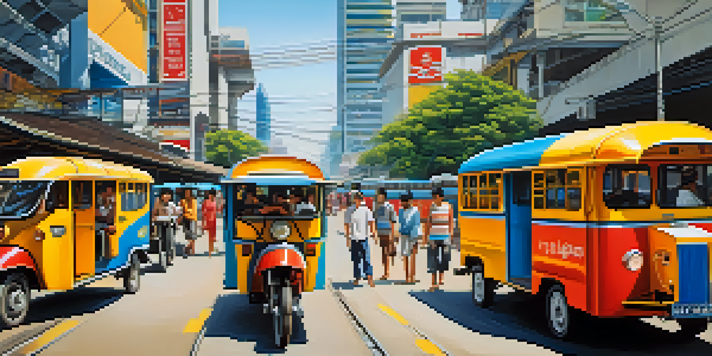 A busy BTS Skytrain station in Bangkok with passengers, tuk-tuks, and street vendors, under a clear blue sky.