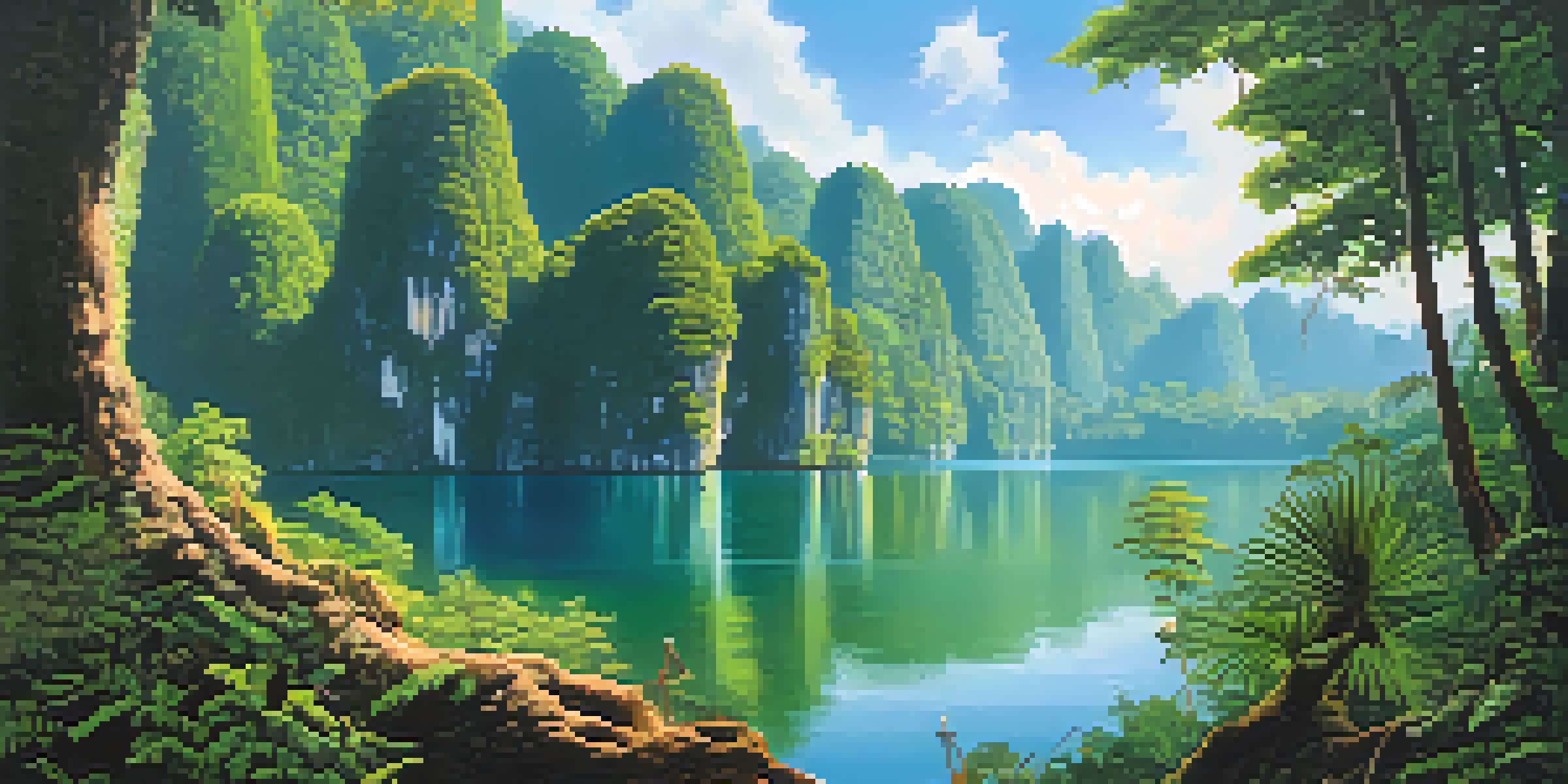 A picturesque view of Khao Sok National Park in Thailand with lush greenery, limestone cliffs, and a lake, featuring wildlife like gibbons and colorful birds under sunlight.