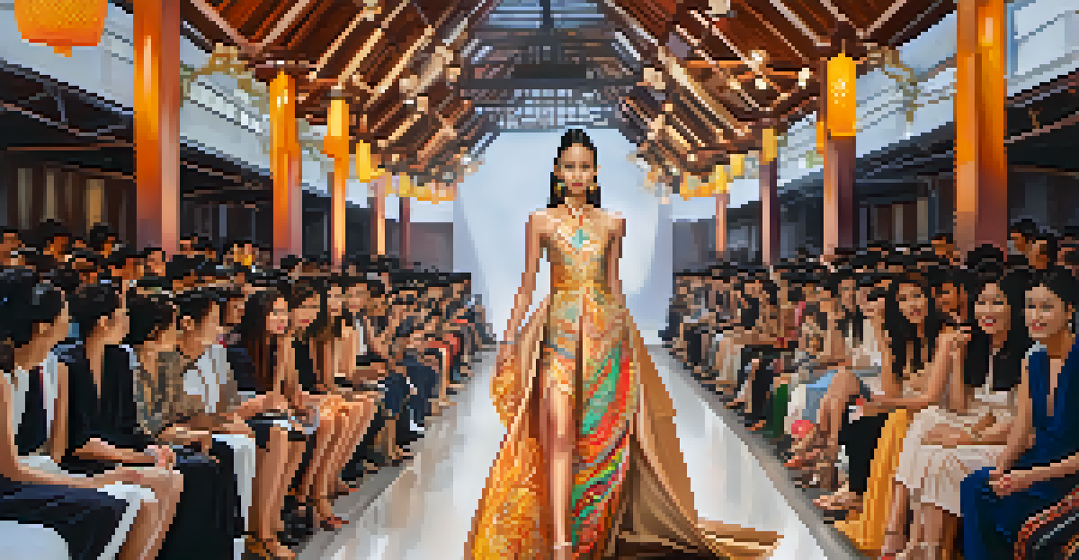 A fashion runway showcasing models in modern interpretations of traditional Thai dress.