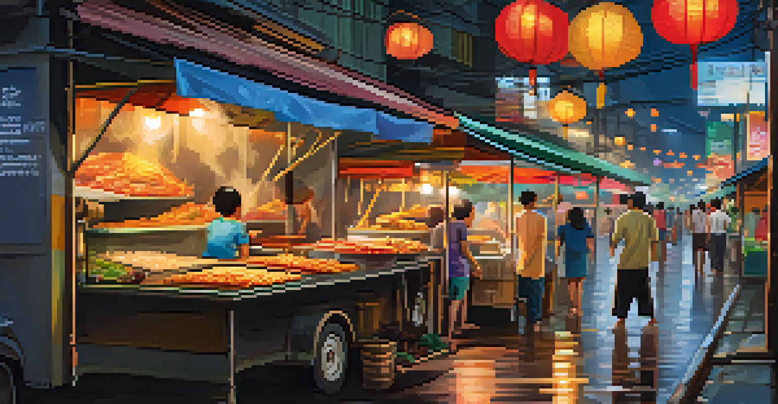 A busy street food scene in Bangkok at night, with food stalls and people enjoying local delicacies.