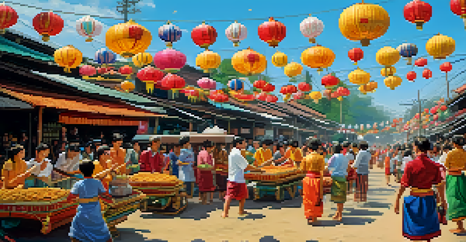 A vibrant Thai village festival with parades, dancers in traditional costumes, and food stalls under a clear blue sky.