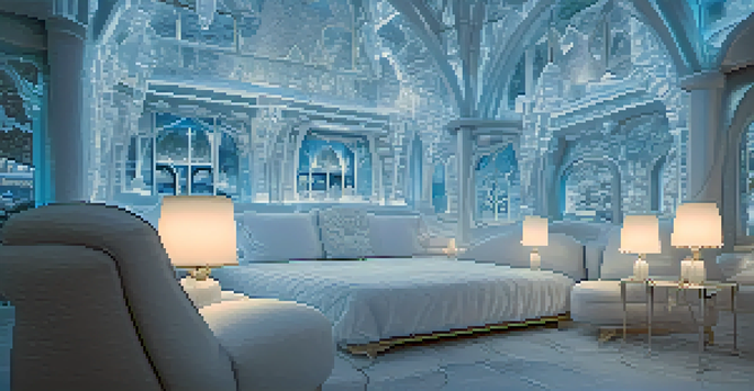 A beautifully designed ice hotel with intricate sculptures, soft blue lighting, and snowflakes falling outside.