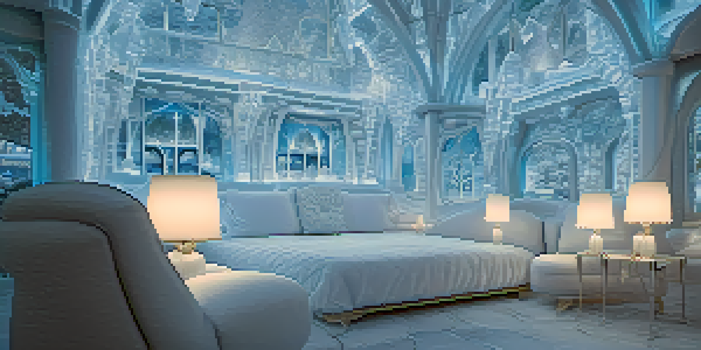 A beautifully designed ice hotel with intricate sculptures, soft blue lighting, and snowflakes falling outside.