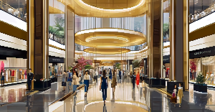 Interior view of a high-end shopping mall with shoppers browsing luxury boutiques, illuminated by natural light.