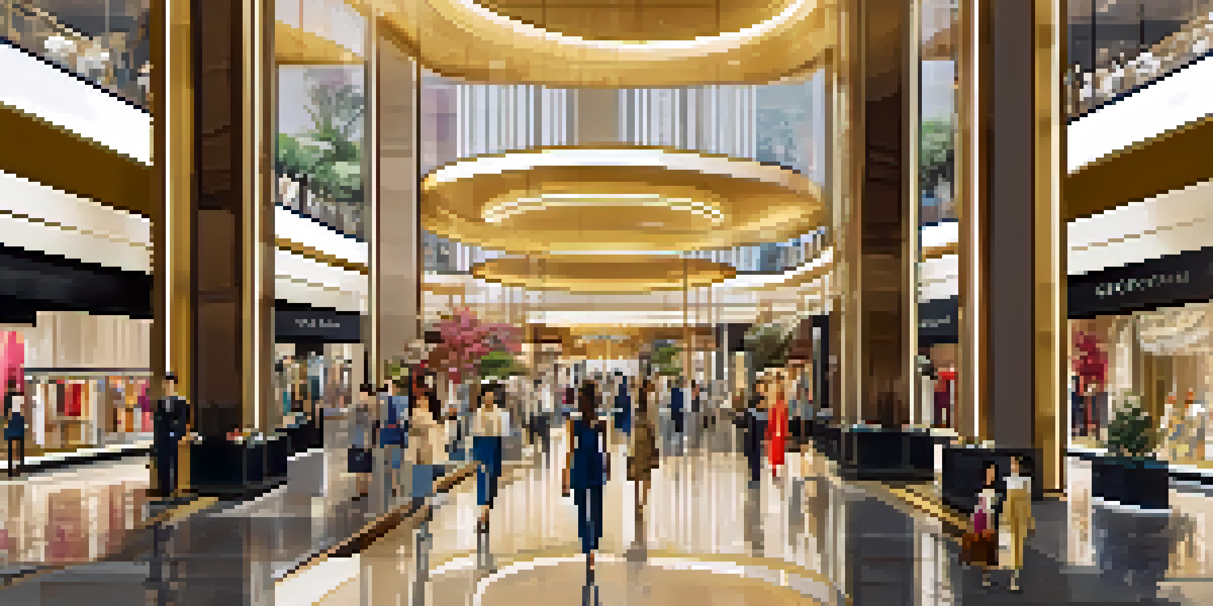 Interior view of a high-end shopping mall with shoppers browsing luxury boutiques, illuminated by natural light.