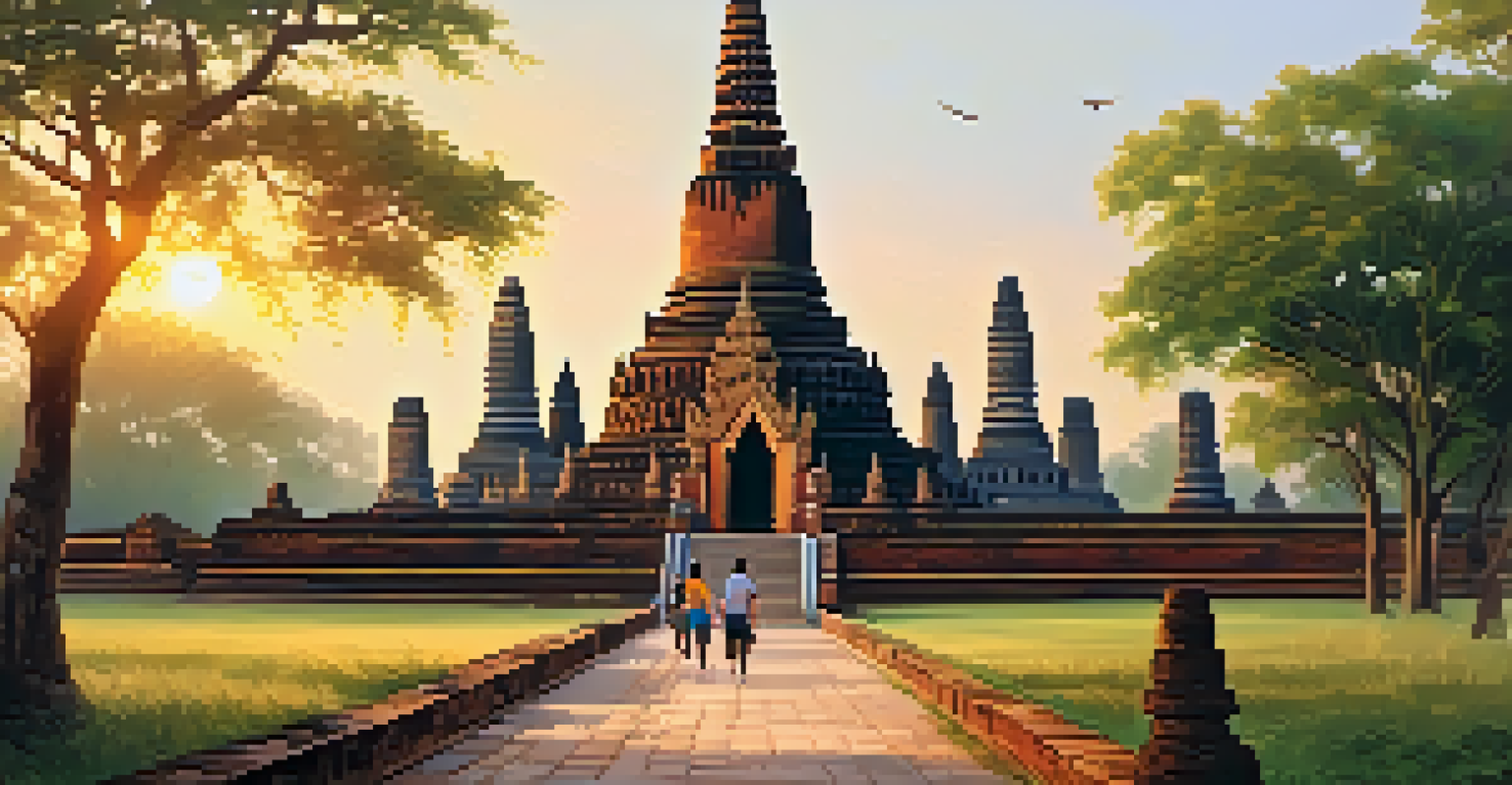 Travelers walking through the ancient ruins of Ayutthaya, surrounded by historical temples and greenery.