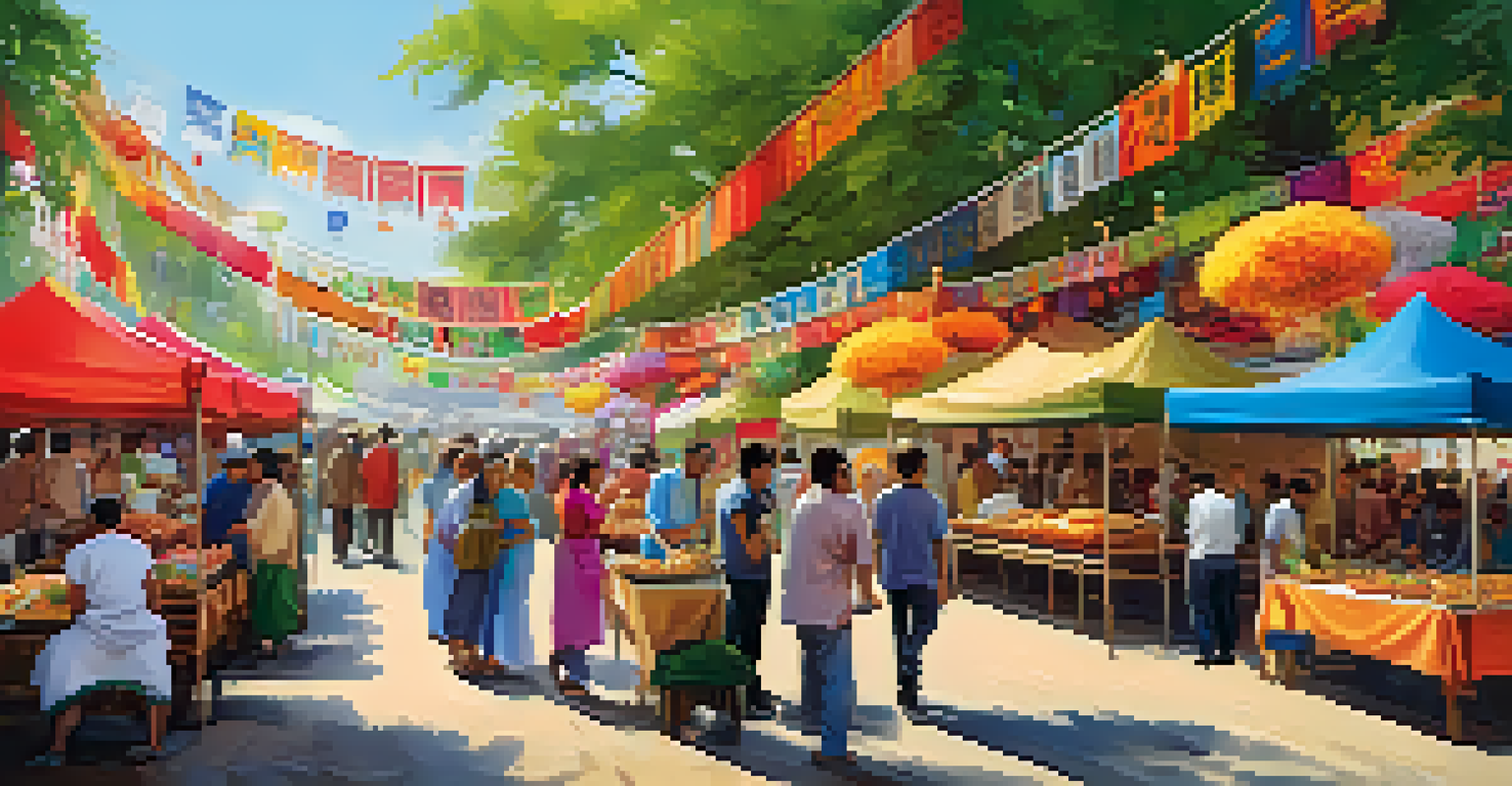 Outdoor market during a cultural festival with diverse food stalls and people enjoying the atmosphere.