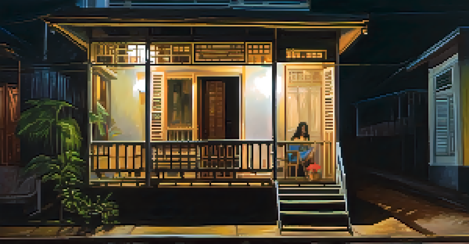 A haunted guesthouse on Khao San Road with flickering lights and a ghostly figure in the window, set against a moonlit backdrop.