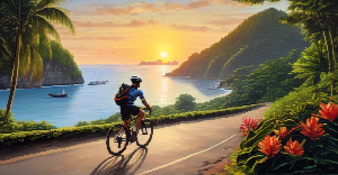 A cyclist riding on a peaceful coastal path in Thailand at sunset, surrounded by greenery and local vendors.