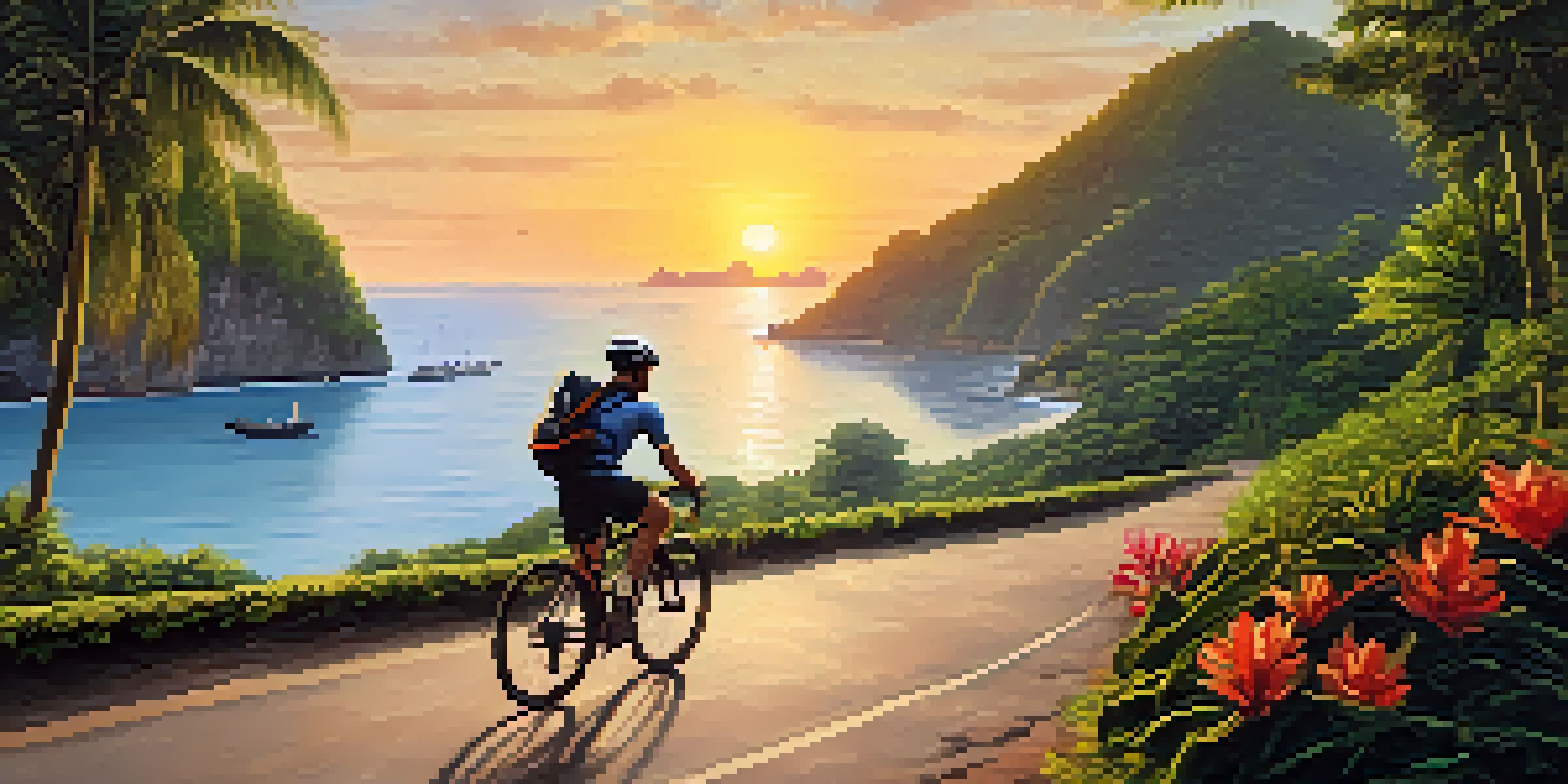 A cyclist riding on a peaceful coastal path in Thailand at sunset, surrounded by greenery and local vendors.