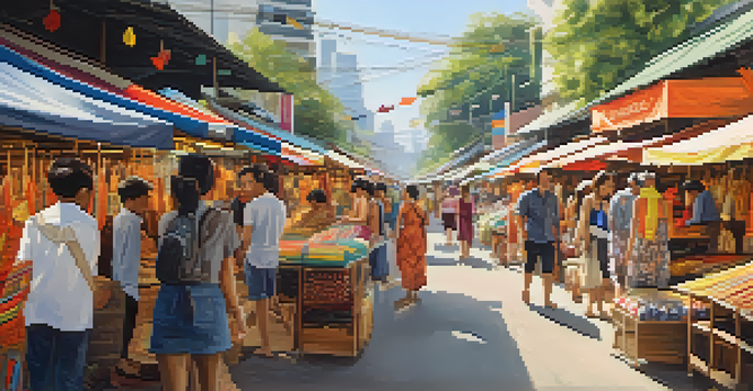 A lively market scene with colorful stalls and shoppers interacting with vendors in Thailand.