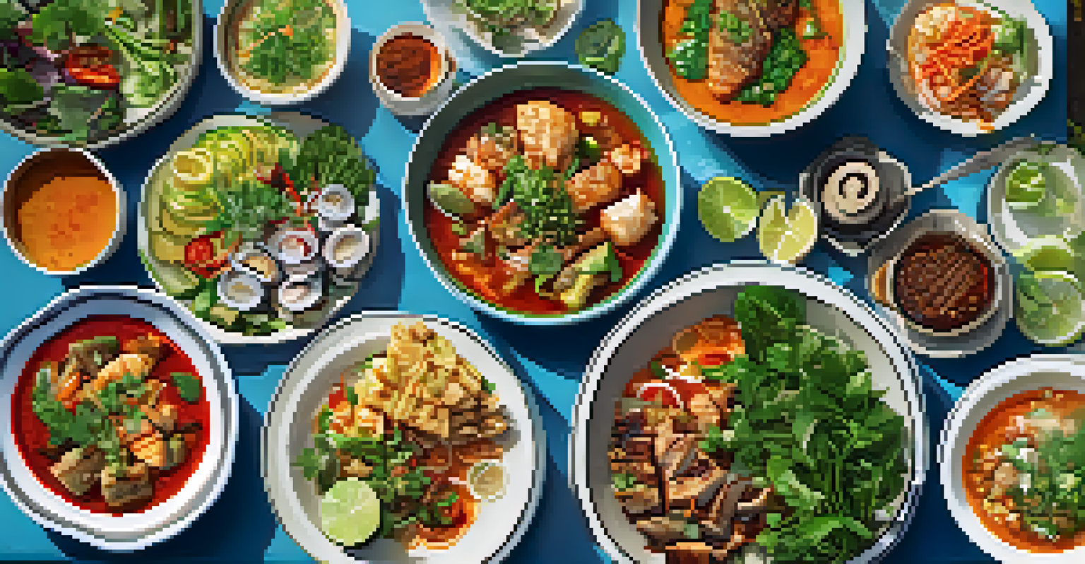 An array of colorful Thai street food dishes displayed on a table, showcasing vibrant vegetables and grilled fish.