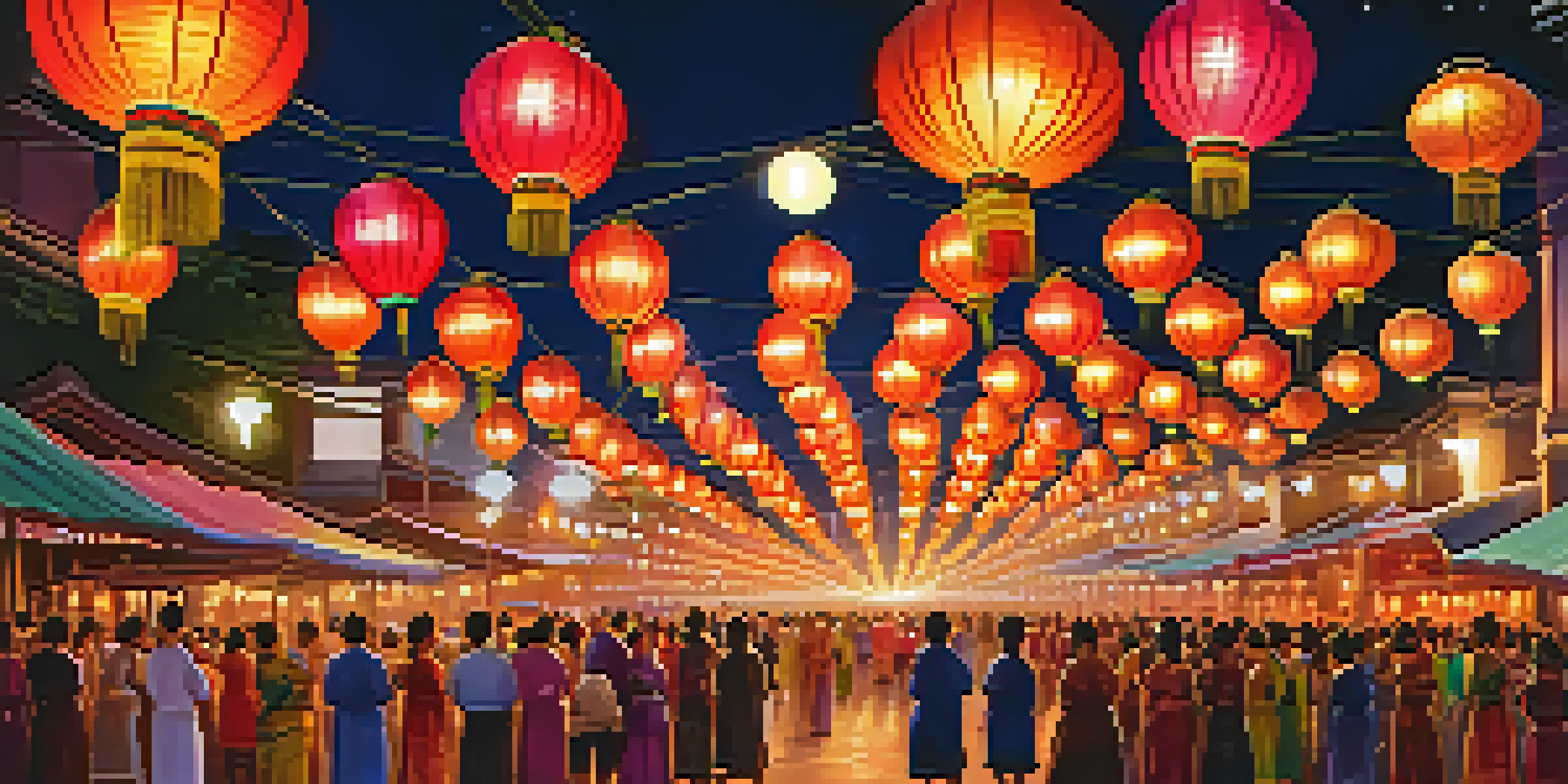 A traditional Thai festival scene with colorful lanterns and locals in traditional attire under a night sky.