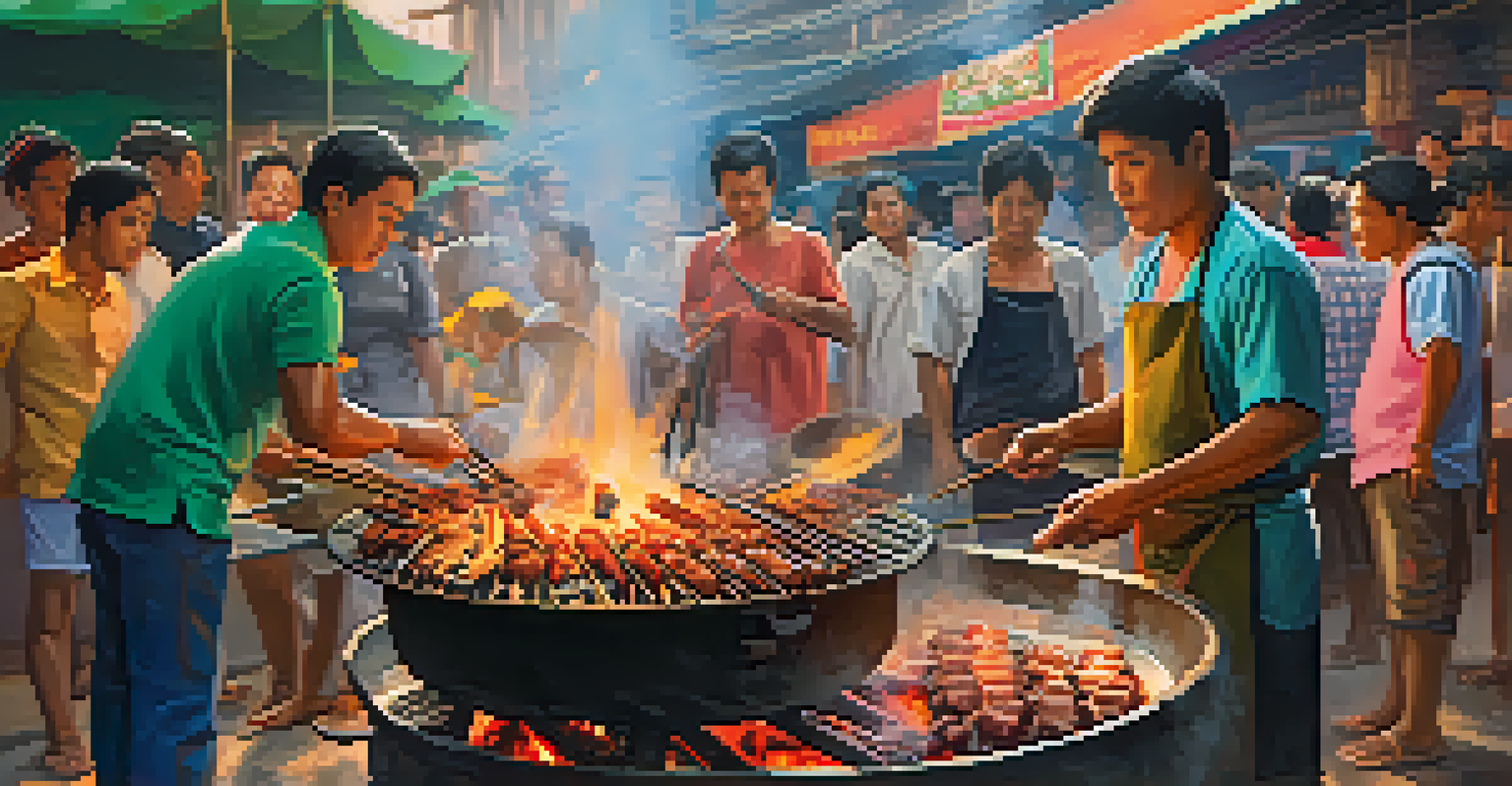 A Thai street vendor grilling meat skewers with a crowd around, showcasing vibrant colors and traditional decorations.