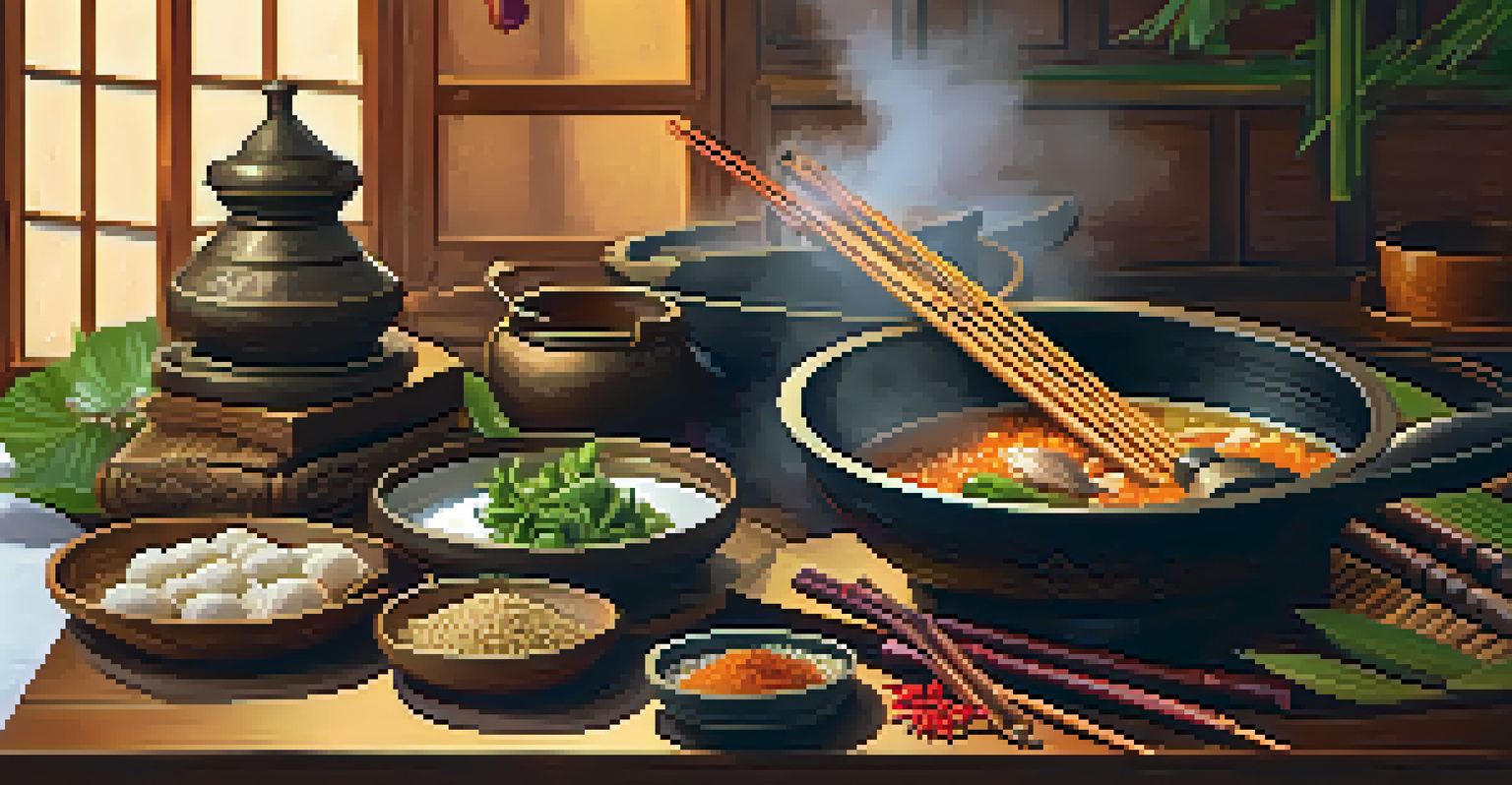 A traditional Thai kitchen with cooking tools like a mortar and pestle, a wok, and bamboo steamers, all illuminated by warm light.