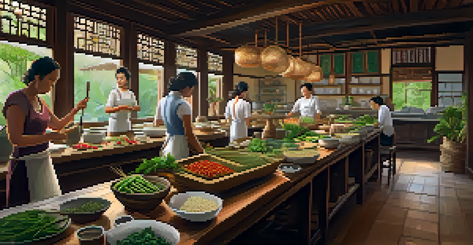 A traditional Thai kitchen with a cooking class in session, showcasing fresh ingredients and a warm ambiance.