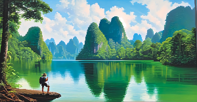 A beautiful view of Khao Sok National Park with a lake, dense rainforest, and limestone cliffs, featuring a hiker on a trail.