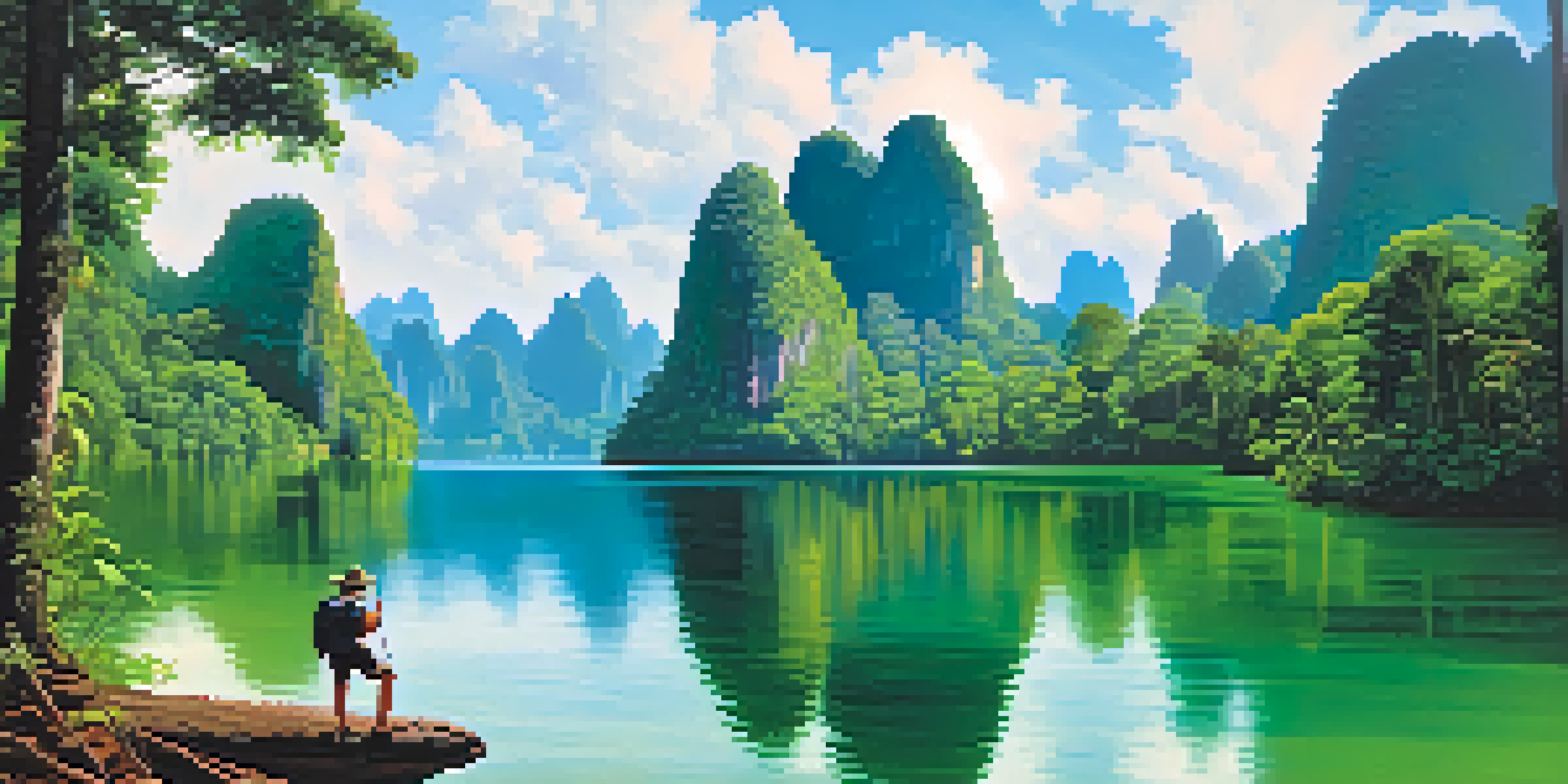 A beautiful view of Khao Sok National Park with a lake, dense rainforest, and limestone cliffs, featuring a hiker on a trail.